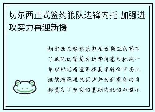 切尔西正式签约狼队边锋内托 加强进攻实力再迎新援
