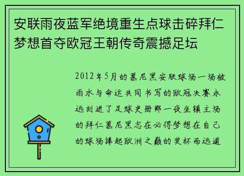 安联雨夜蓝军绝境重生点球击碎拜仁梦想首夺欧冠王朝传奇震撼足坛